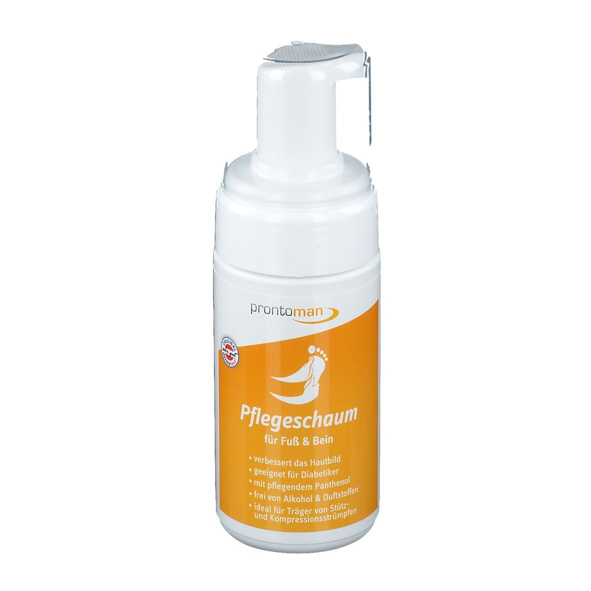 Flacon blanc avec pompe. Étiquette avec nom du produit et symbole de pied. Fond orange. Texte en allemand.