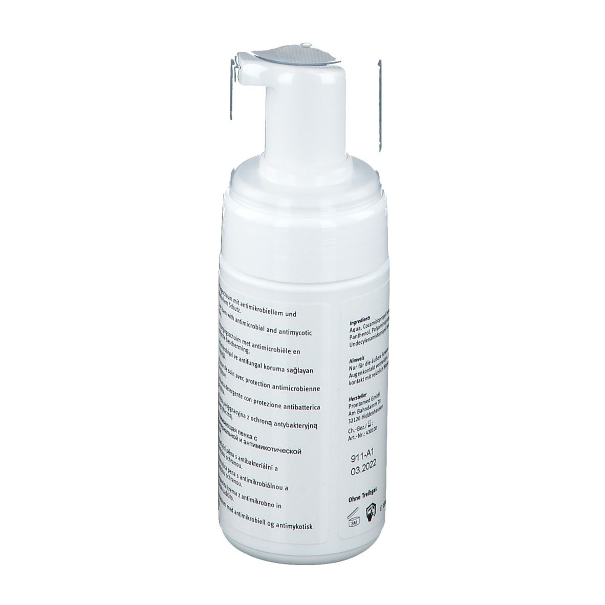 Flacon blanc avec pompe. Dos avec texte et informations sur le produit. Contient les coordonnées du fabricant.