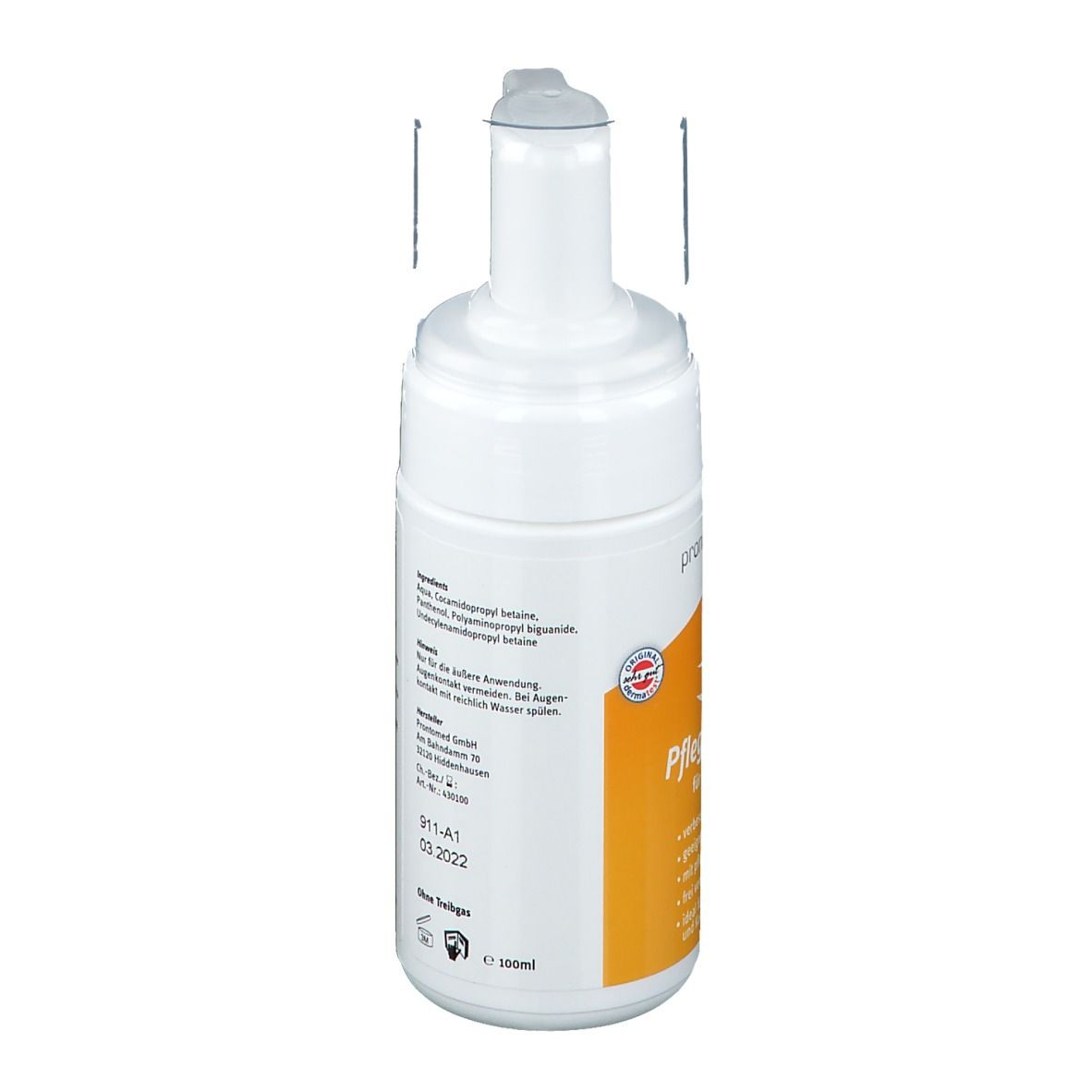 Flacon blanc avec pompe. Contient des informations sur le produit et les ingrédients. Volume : 100 ml.