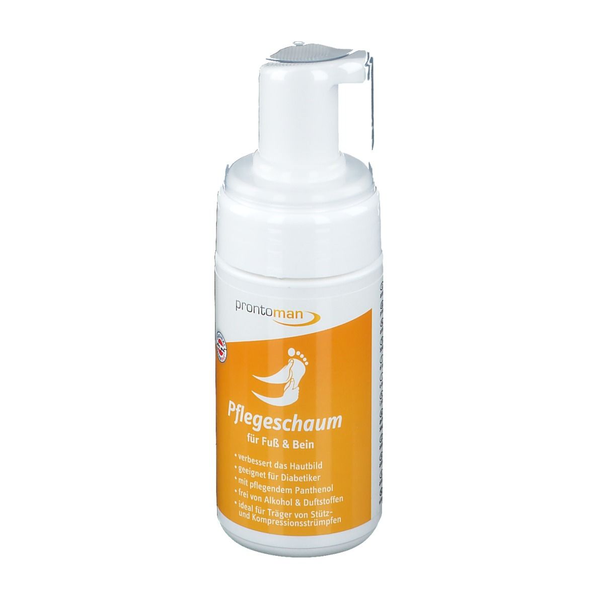 Flacon blanc avec pompe. Étiquette avec nom du produit et symbole de pied. Fond orange. Texte en allemand.