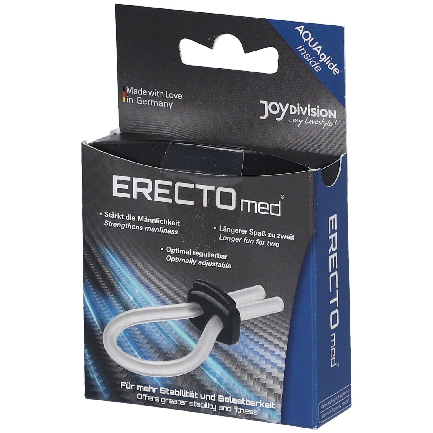 Verpakking van ERECTOmed. Zwart en transparant onderdeel. Blauwe en zwarte doos met productnaam.