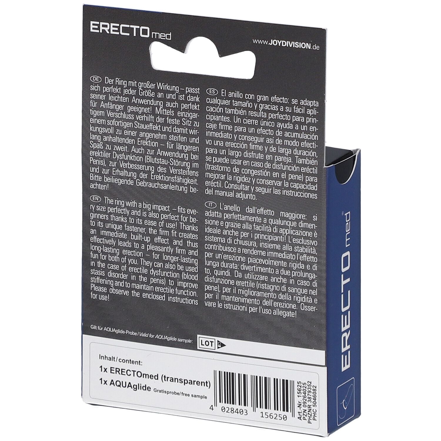 Achterkant van de ERECTOmed-verpakking. Meertalige tekst. Bevat 1x ERECTOmed en 1x AQUAglide.