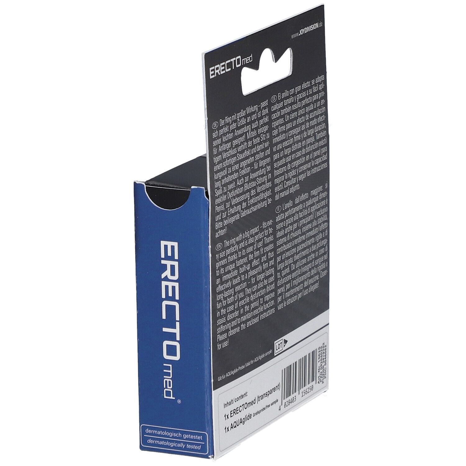 Achterkant van de ERECTOmed-verpakking. Meertalige tekst. Bevat 1x ERECTOmed en 1x AQUAglide.