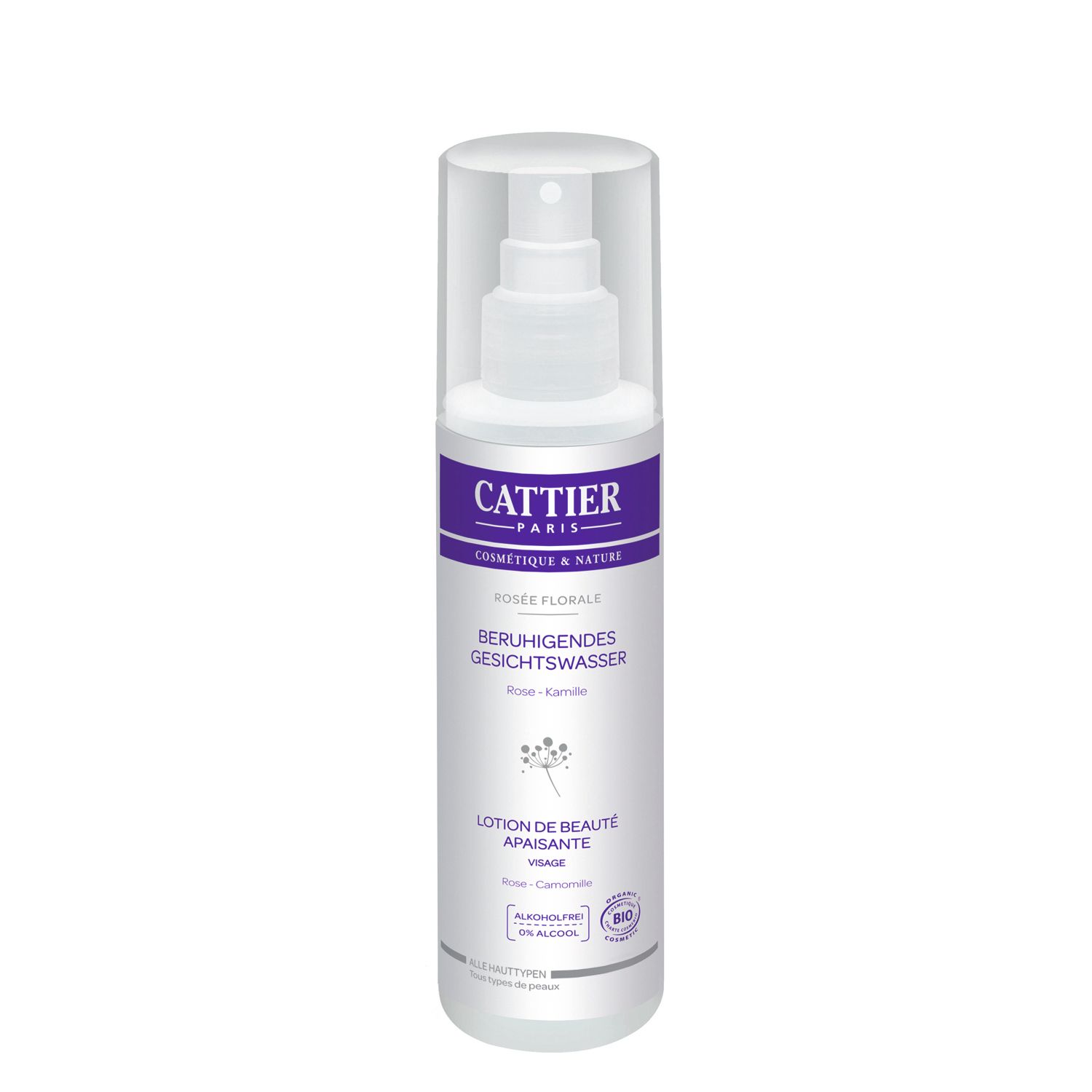 Witte fles met verstuiver. Opschrift: CATTIER, Kalmerende gezichtslotion, Rosée Florale. Met bio-keurmerk.