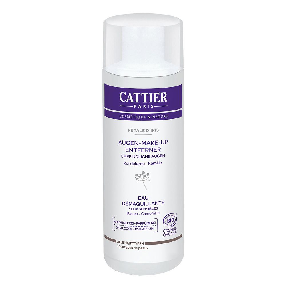 Cattier oogmake-up remover. Fles met paars etiket. Bevat korenbloem en kamille. Bio-certificering.