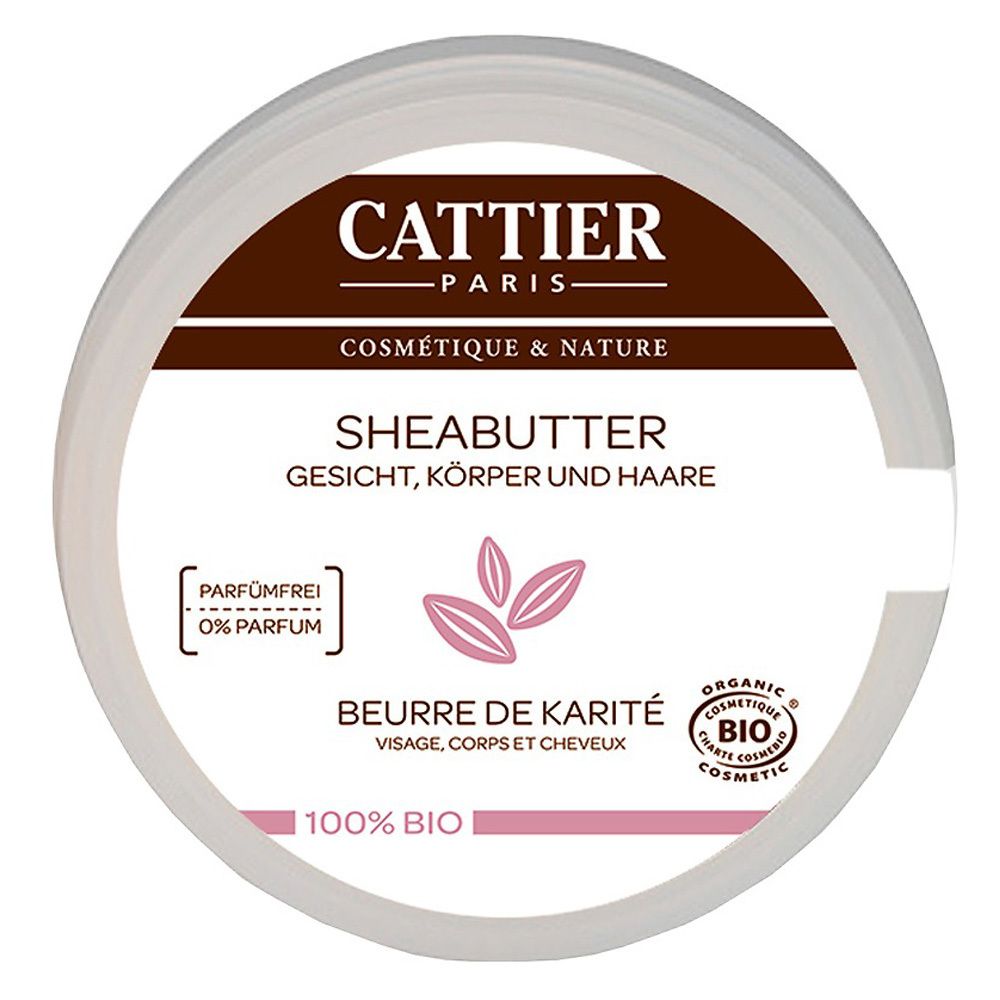 Ronde pot CATTIER sheabutter. Bruin deksel met tekst. 100% bio label. "PARFUMFREI".