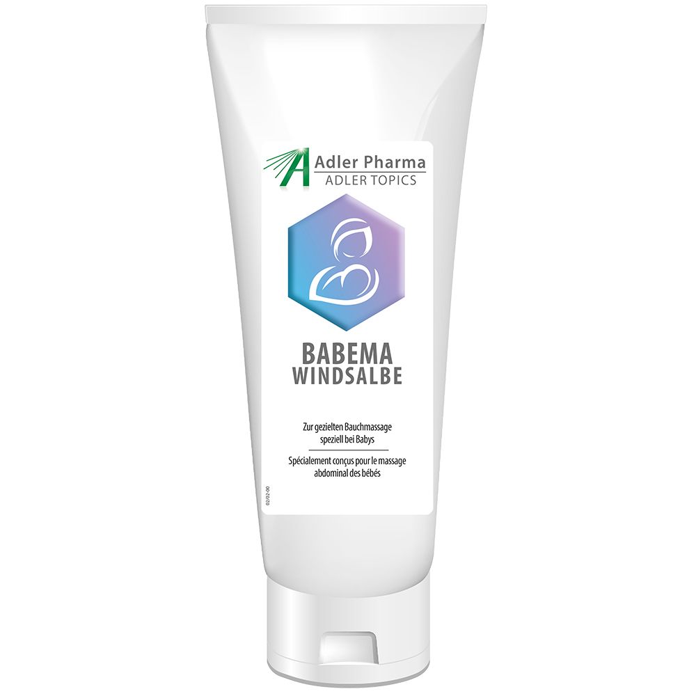 Tube blanche avec le nom du produit Babema Windsalbe. Logo avec mère et enfant. Logo Adler Pharma.