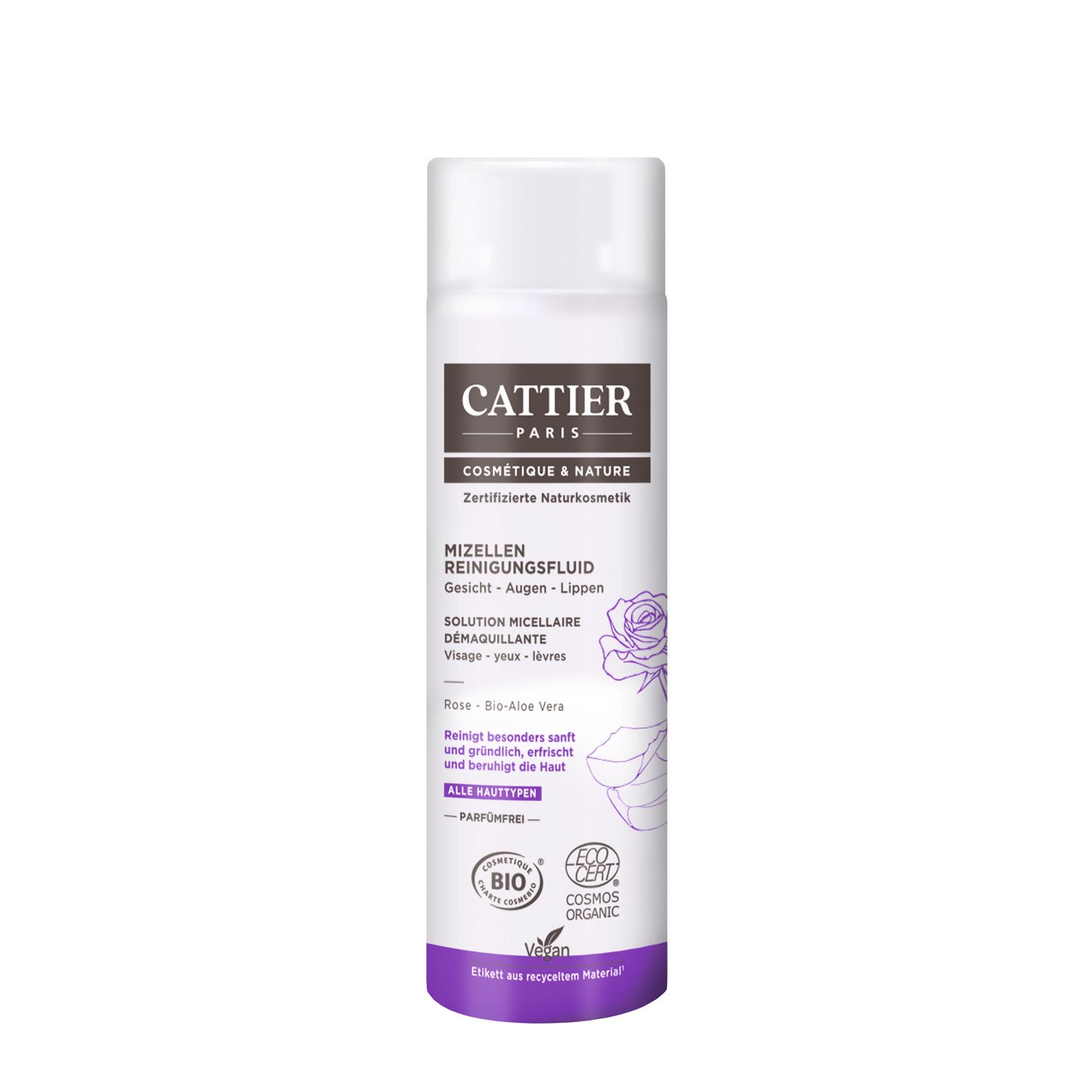 Wit-paarse fles met productinformatie. Opschrift: CATTIER, Mizellen Reinigungsfluid, Rose & Aloe Vera. Bio-certificering.