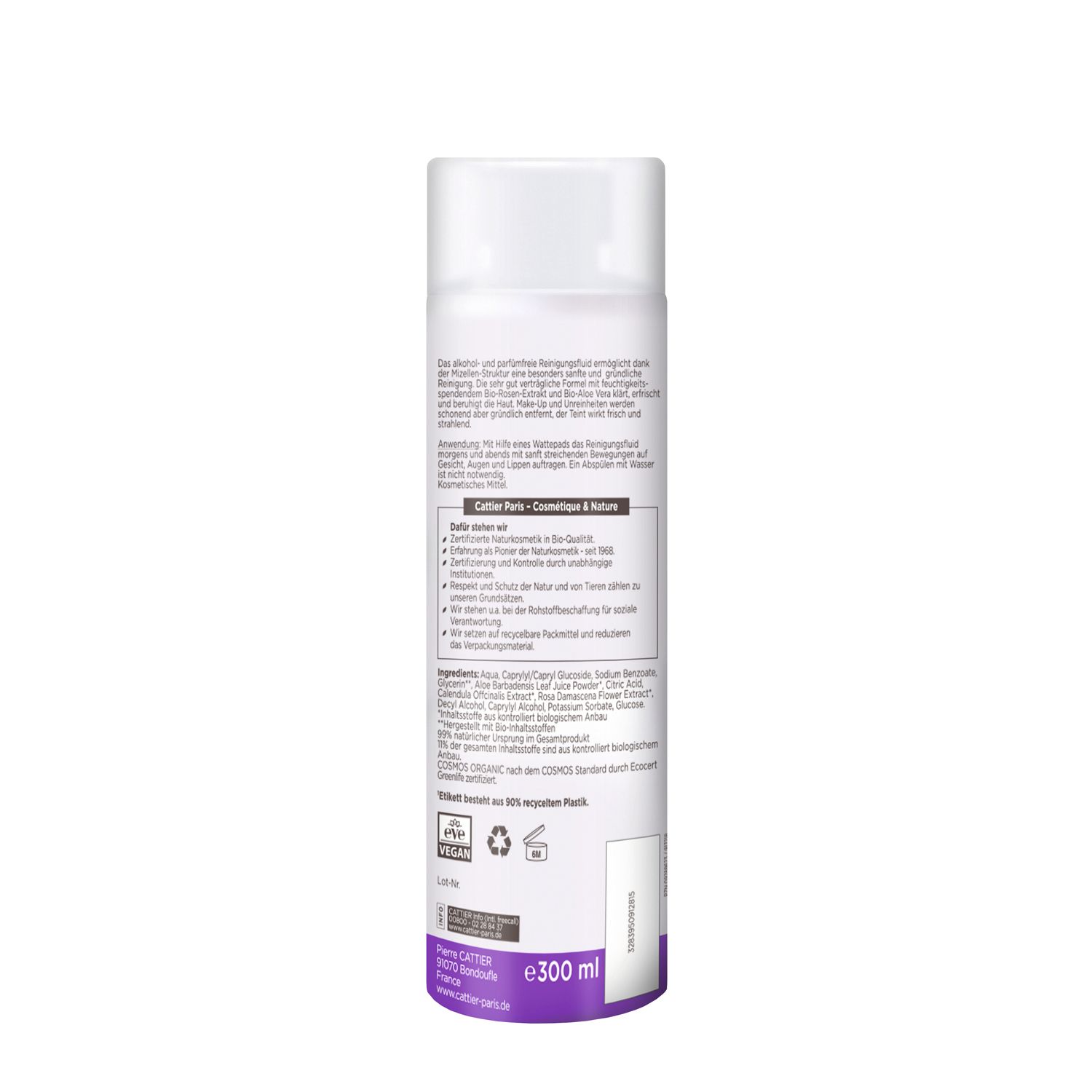 Achterkant van de fles met productinformatie en ingrediënten. Vegan- en bio-certificeringen. Volume: 300 ml.