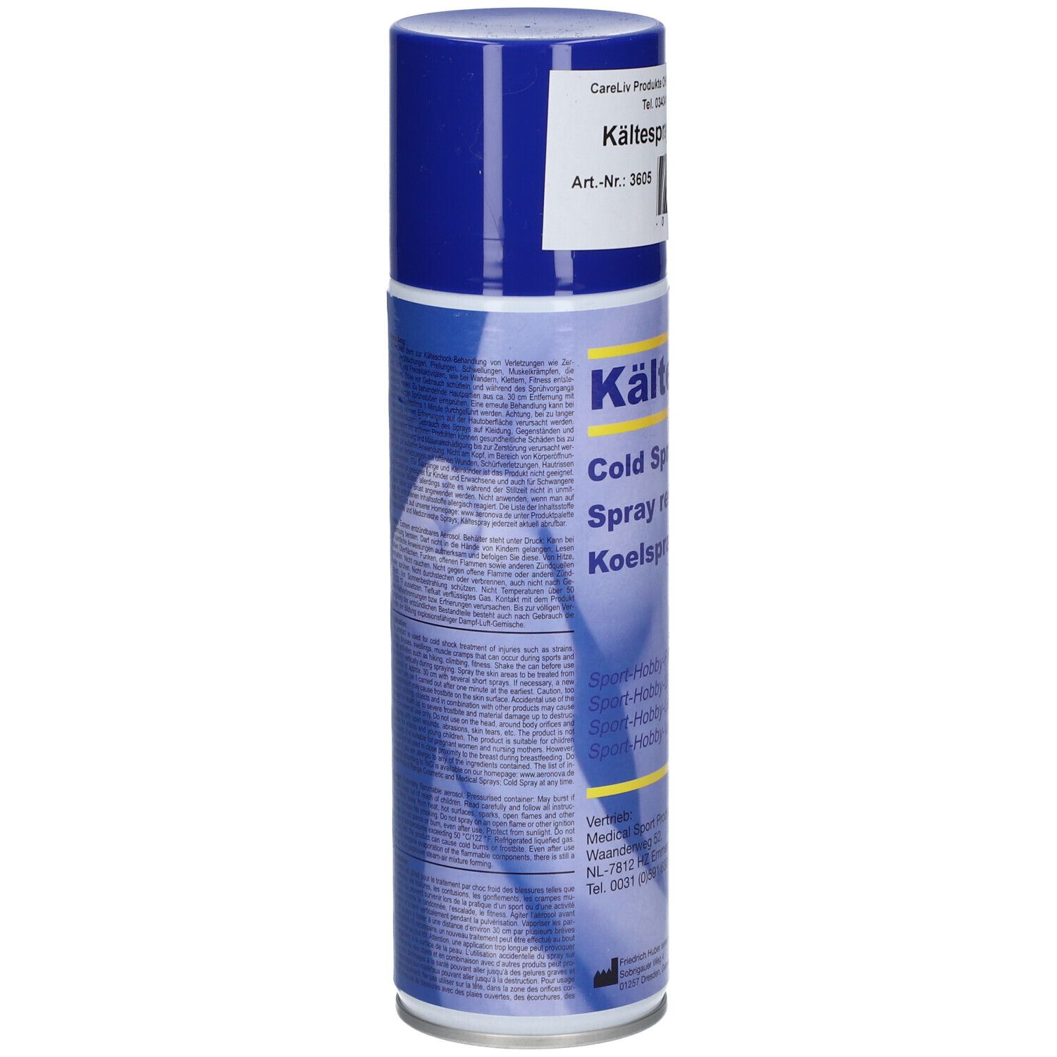 Achterkant van een koudespray 300ml spuitbus met gedetailleerde gebruiksinstructies in meerdere talen.