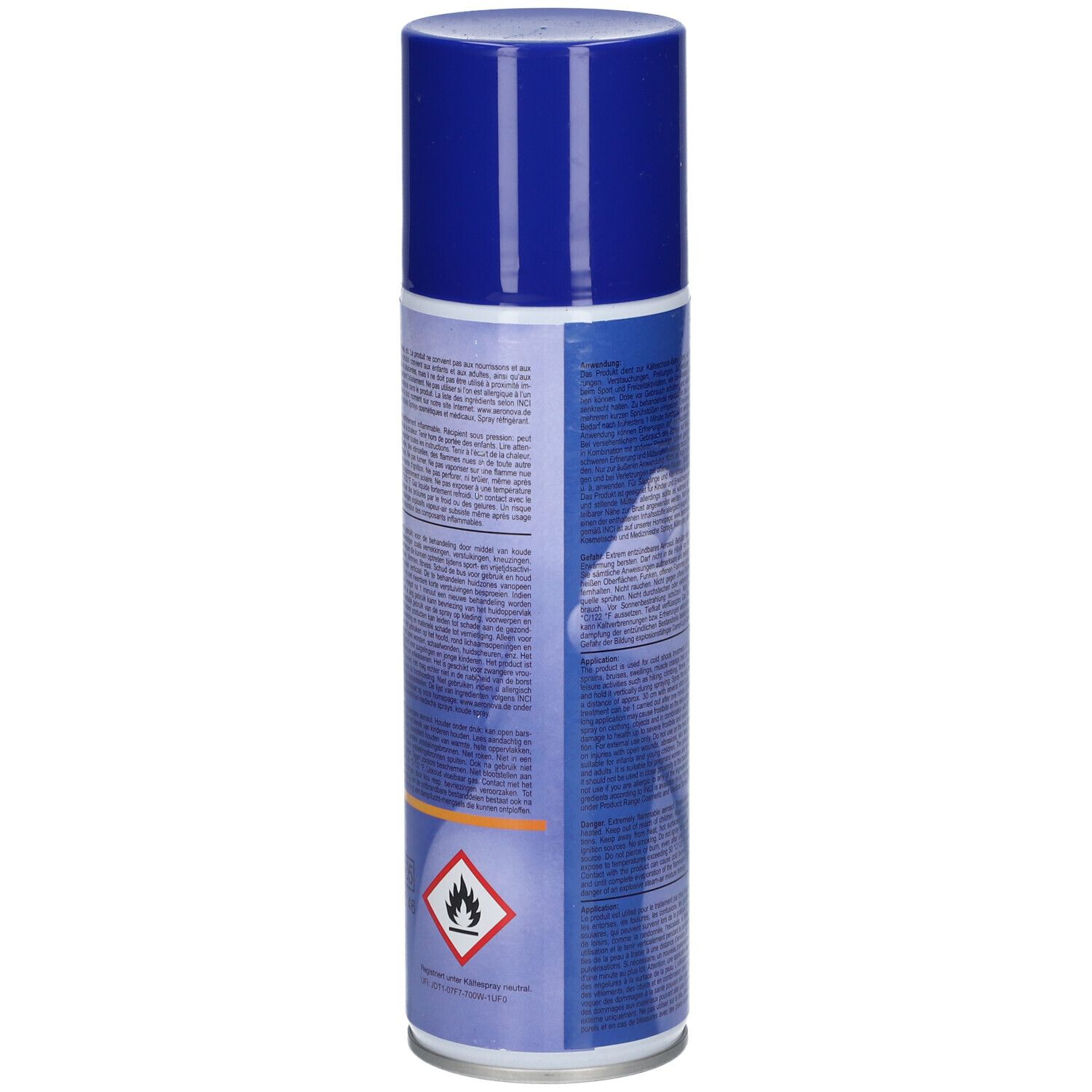 Zijaanzicht van een koudespray 300ml spuitbus met waarschuwingssymbolen en CE-markering.