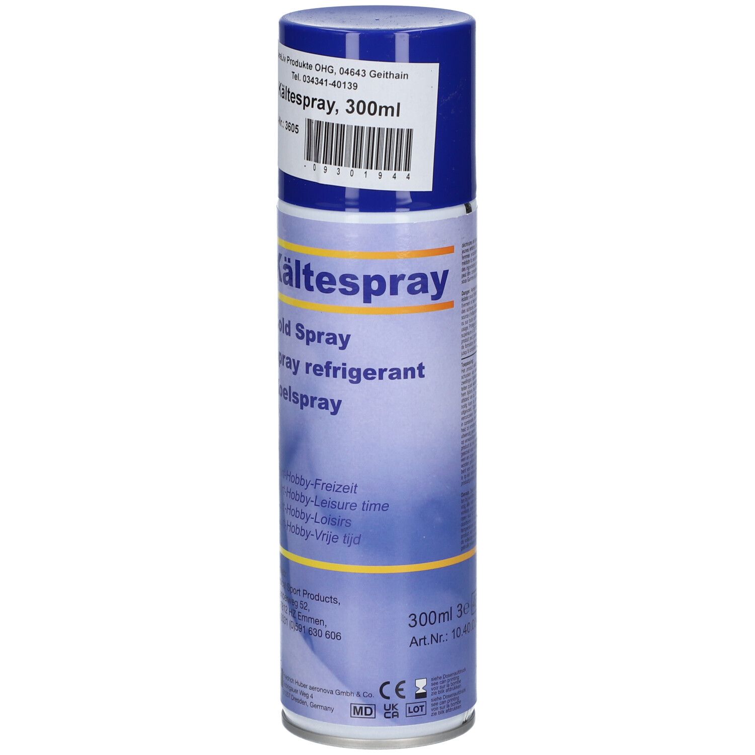 Kältespray-spuitbus, blauw-wit. Opschrift: Kältespray, Cold Spray, Spray refrigerant, Koelspray. Met barcode en CE-markering.
