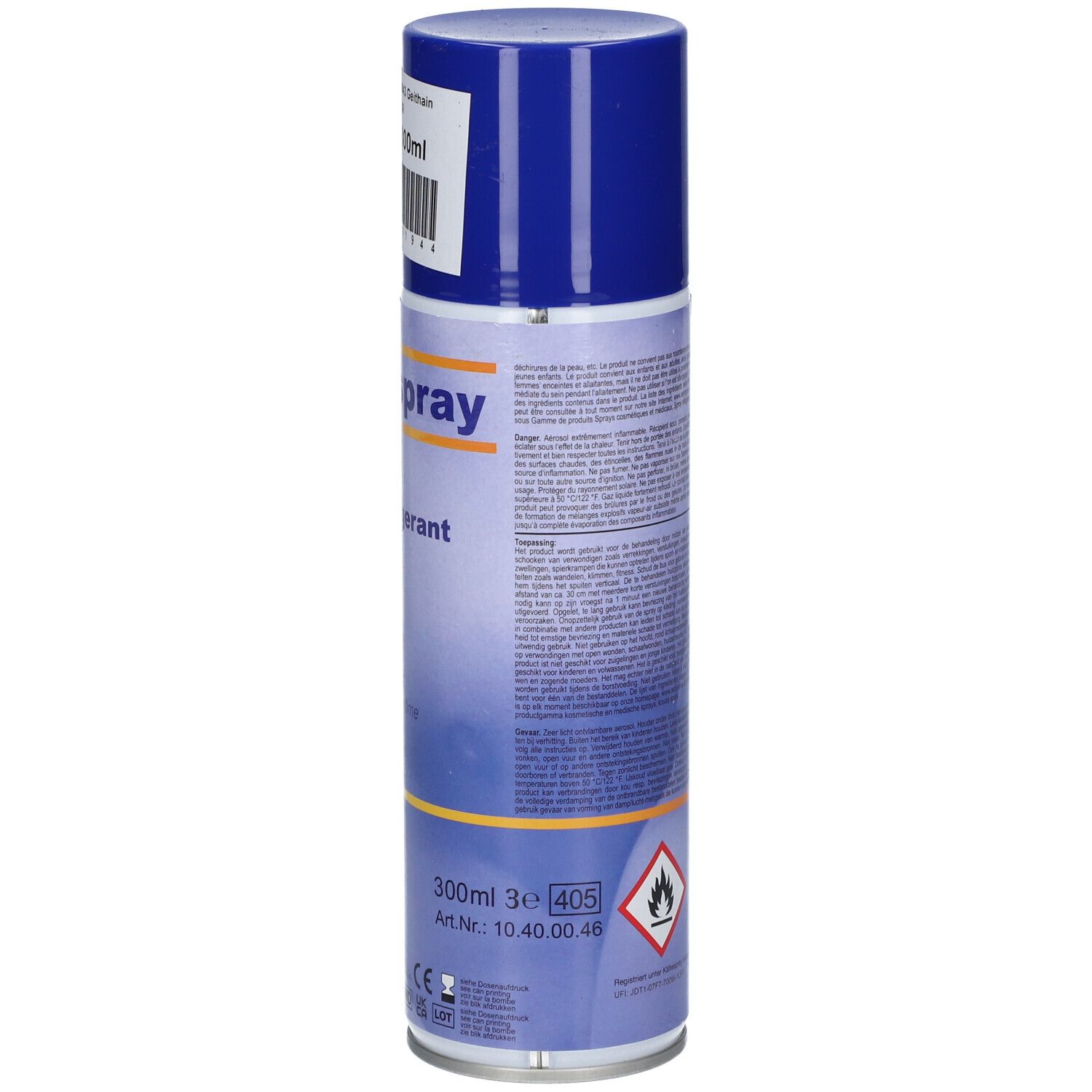 Koudespray 300ml spuitbus met art.nr. 10.40.00.46, CE-markering en waarschuwingssymbolen.