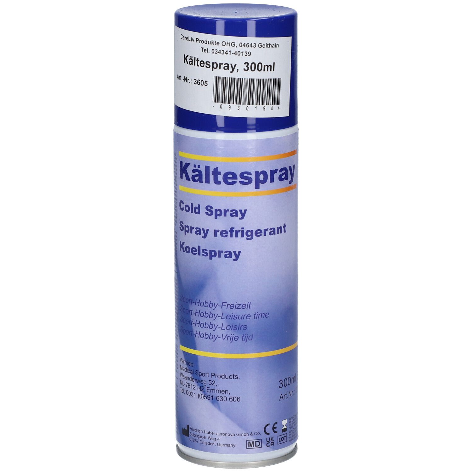 Kältespray-spuitbus, blauw-wit. Opschrift: Kältespray, Cold Spray, Spray refrigerant, Koelspray. Met barcode en CE-markering.