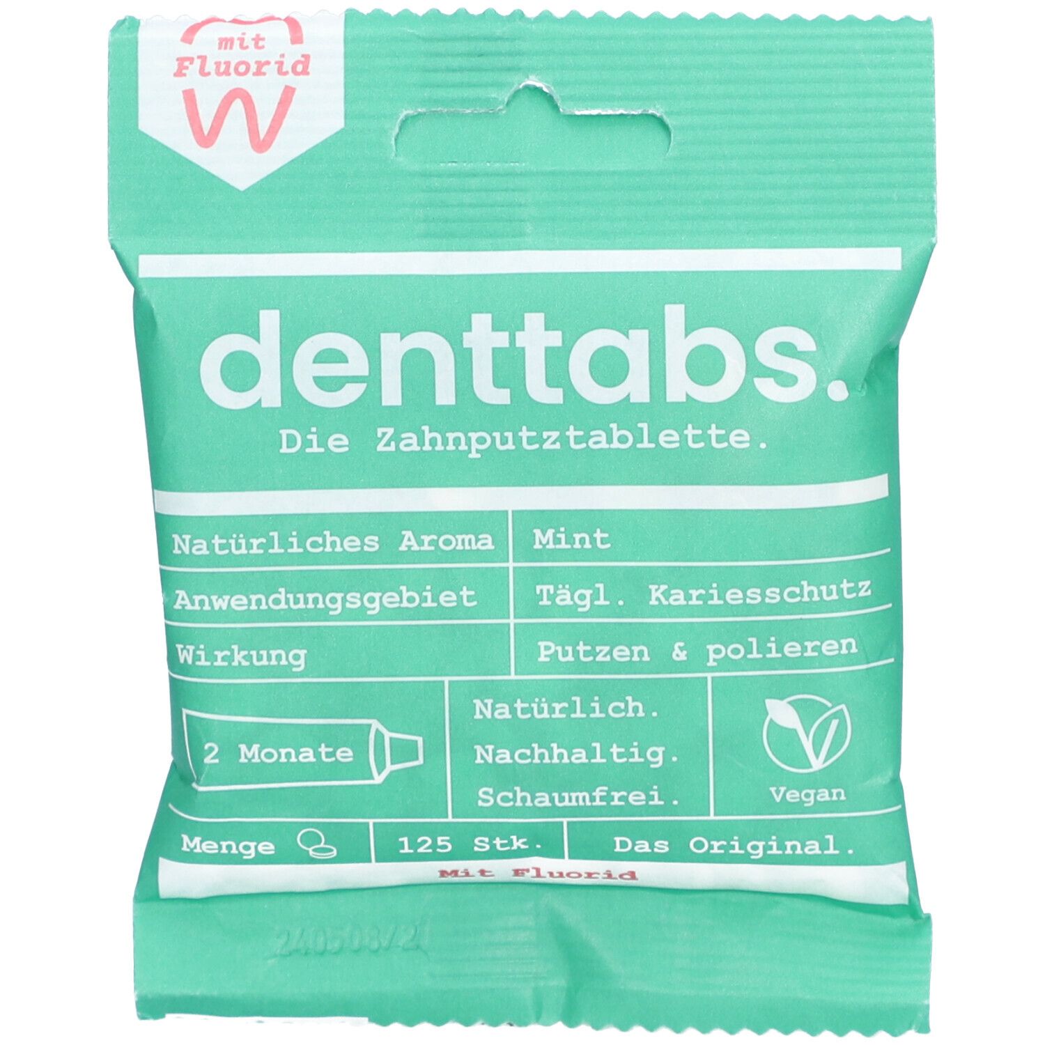 Verpakking van denttabs tandpastatabletten met mintsmaak, 125 stuks, met fluoride.