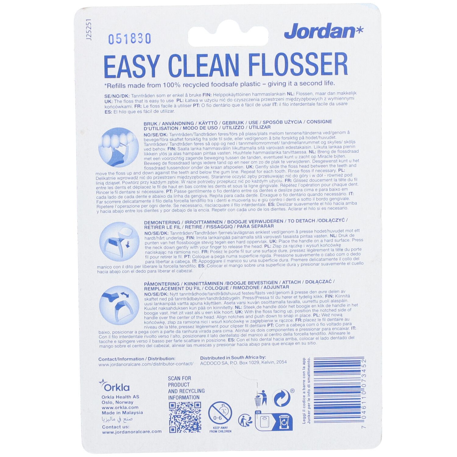 Emballage Jordan Easy Clean Flosser avec illustrations.