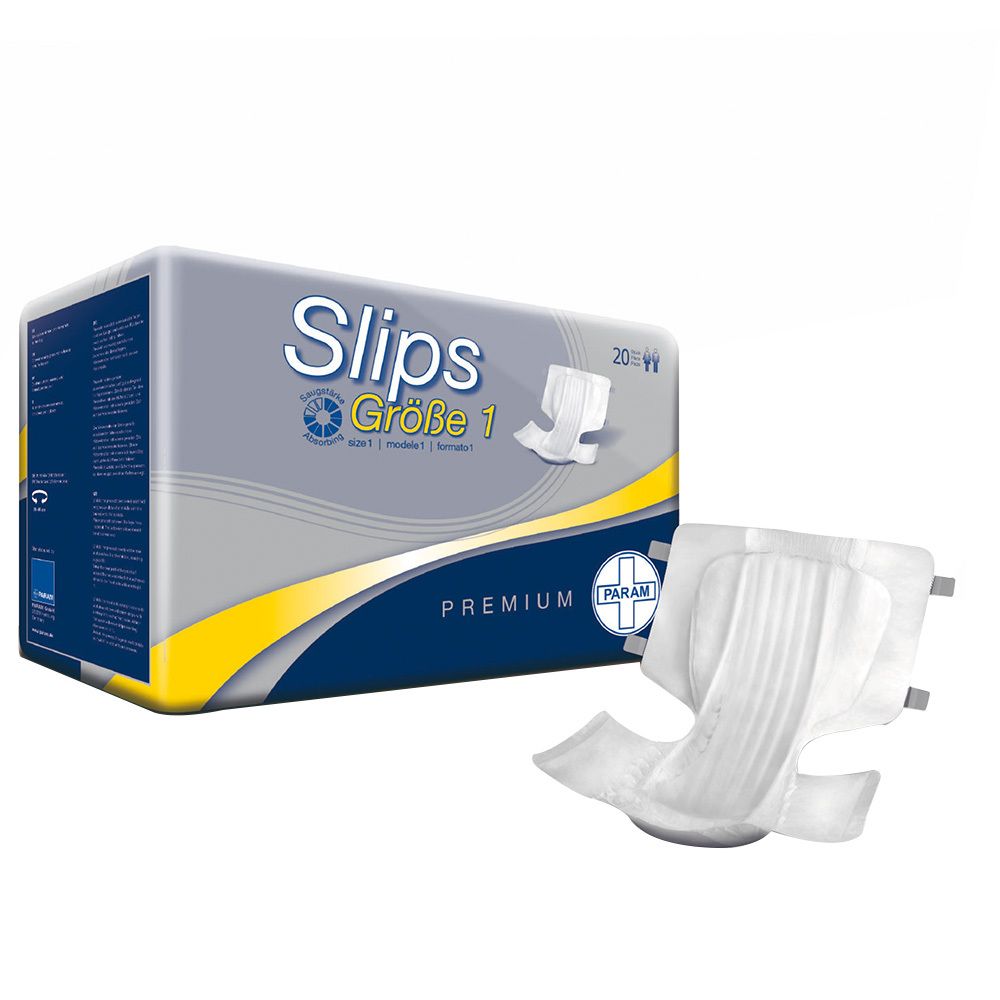 Emballage de protections contre l'incontinence. Inscription "Slips Größe 1". Un produit est à côté. Marque PARAM.