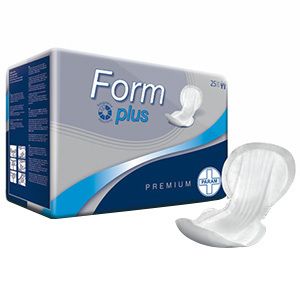 Verpakking incontinentie-inlegkruisjes. Opschrift "Form plus Premium". Los inlegkruisje ernaast.