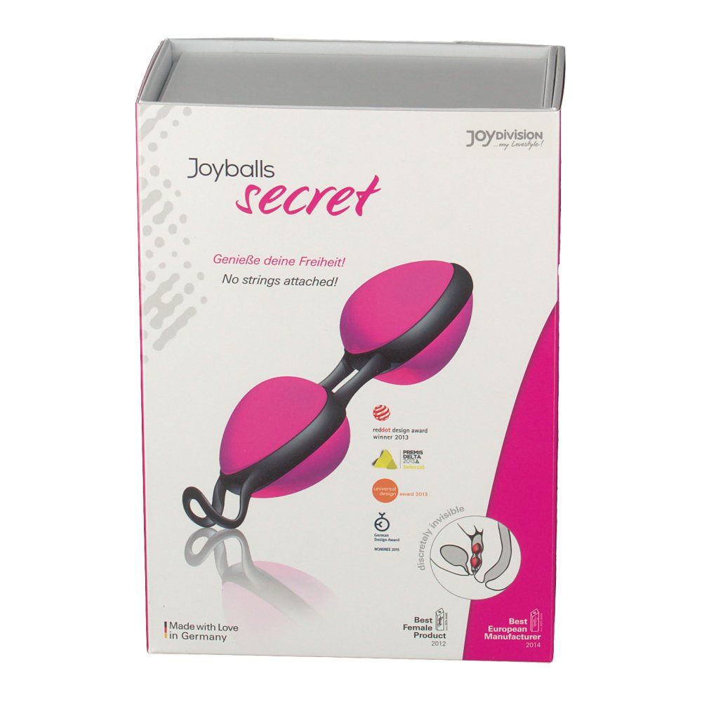 Boîte pour Joyballs Secret, deux billes roses avec cordon noir.