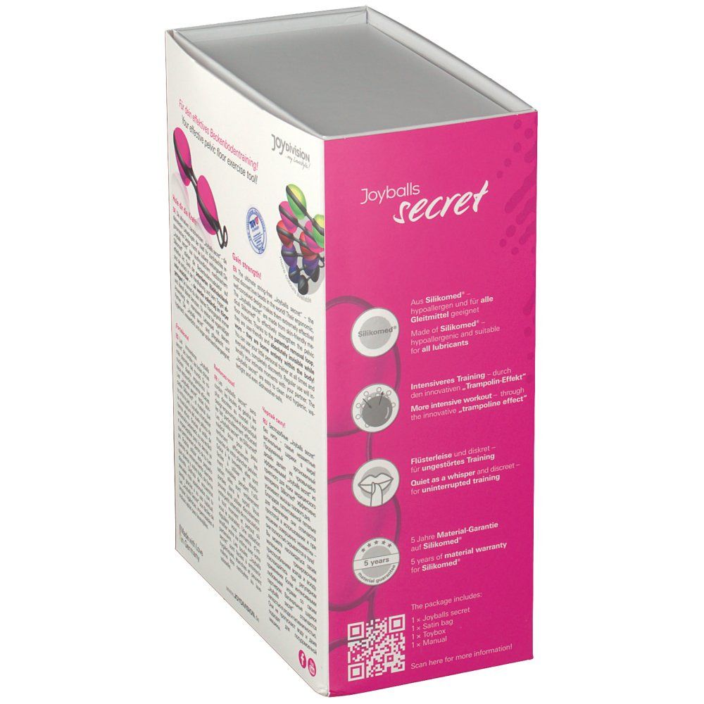 Emballage pour Joyballs secret, en silicone, avec informations produit et images.