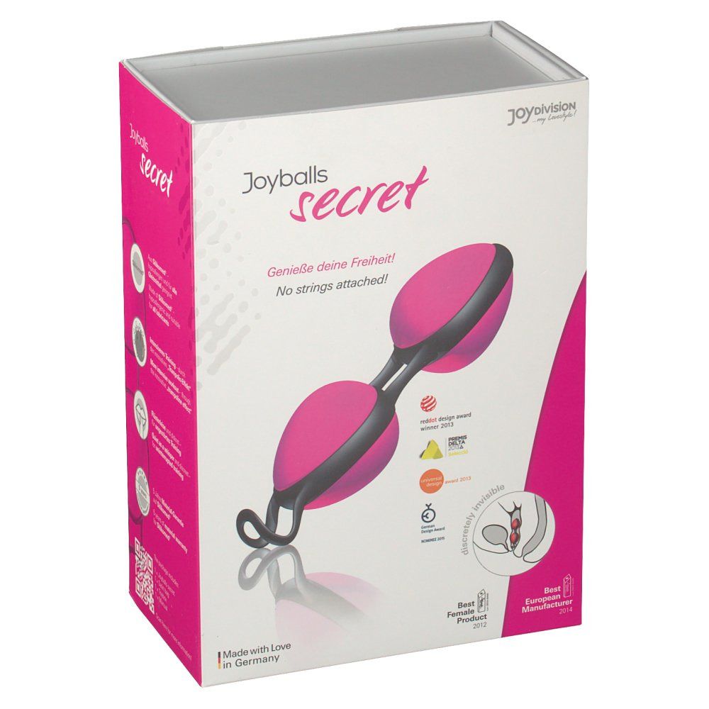 Emballage Joyballs Secret : Deux boules roses avec un cordon noir, inscription "Genieße deine Freiheit! No strings attached!".