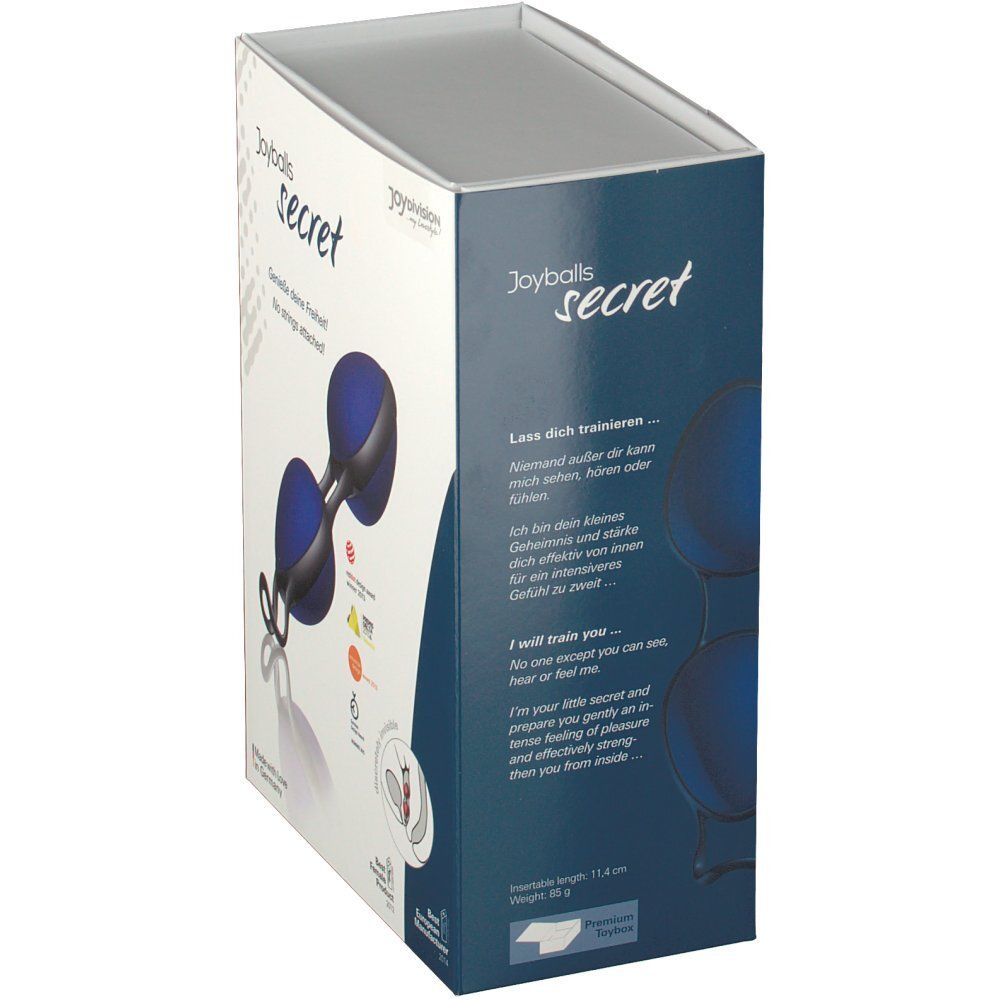 Emballage pour Joyballs secret, avec des boules bleues et une poignée noire.
