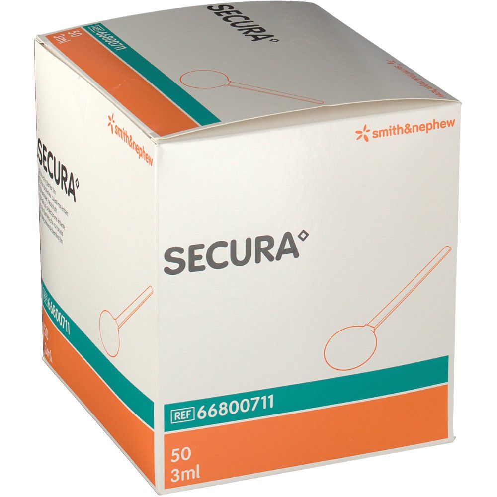 Verpakking met product SECURA. Bevat 50 stuks. Oranje en witte verpakking.