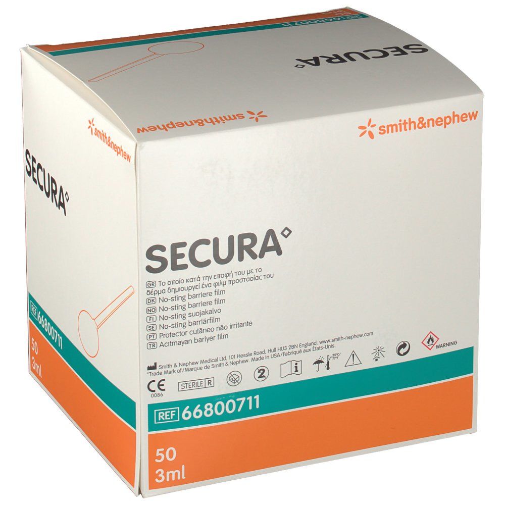 Verpakking met product SECURA. Bevat 50 stuks. Meertalige teksten.