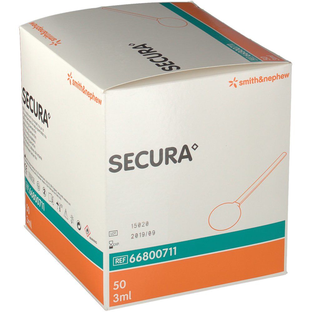 Verpakking met product SECURA. Bevat 50 stuks. Witte verpakking.