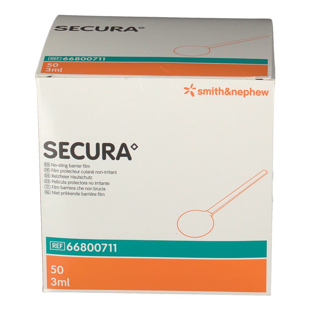 Verpakking met product SECURA. Bevat 50 stuks. Meertalige teksten.