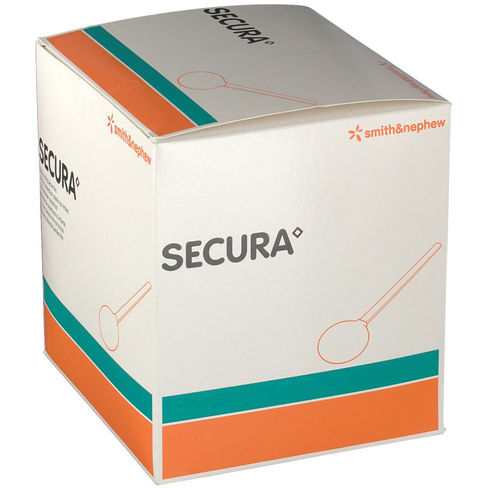 Verpakking van SECURA. Witte doos met oranje en groene accenten. Logo en productnaam duidelijk zichtbaar.