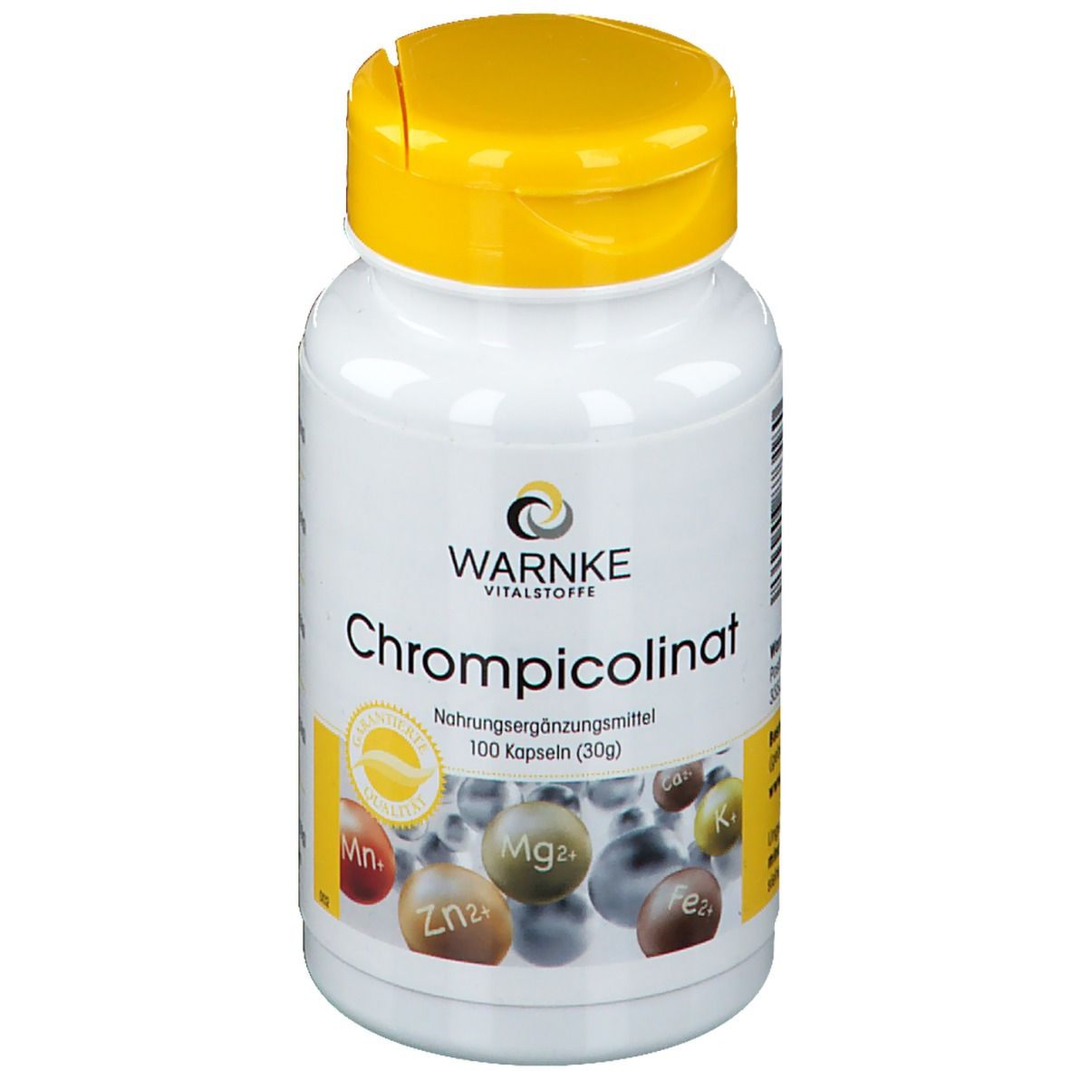 Witte fles met gele dop. Opschrift: WARNKE Chrompicolinaat. Voedingssupplement. 100 capsules.