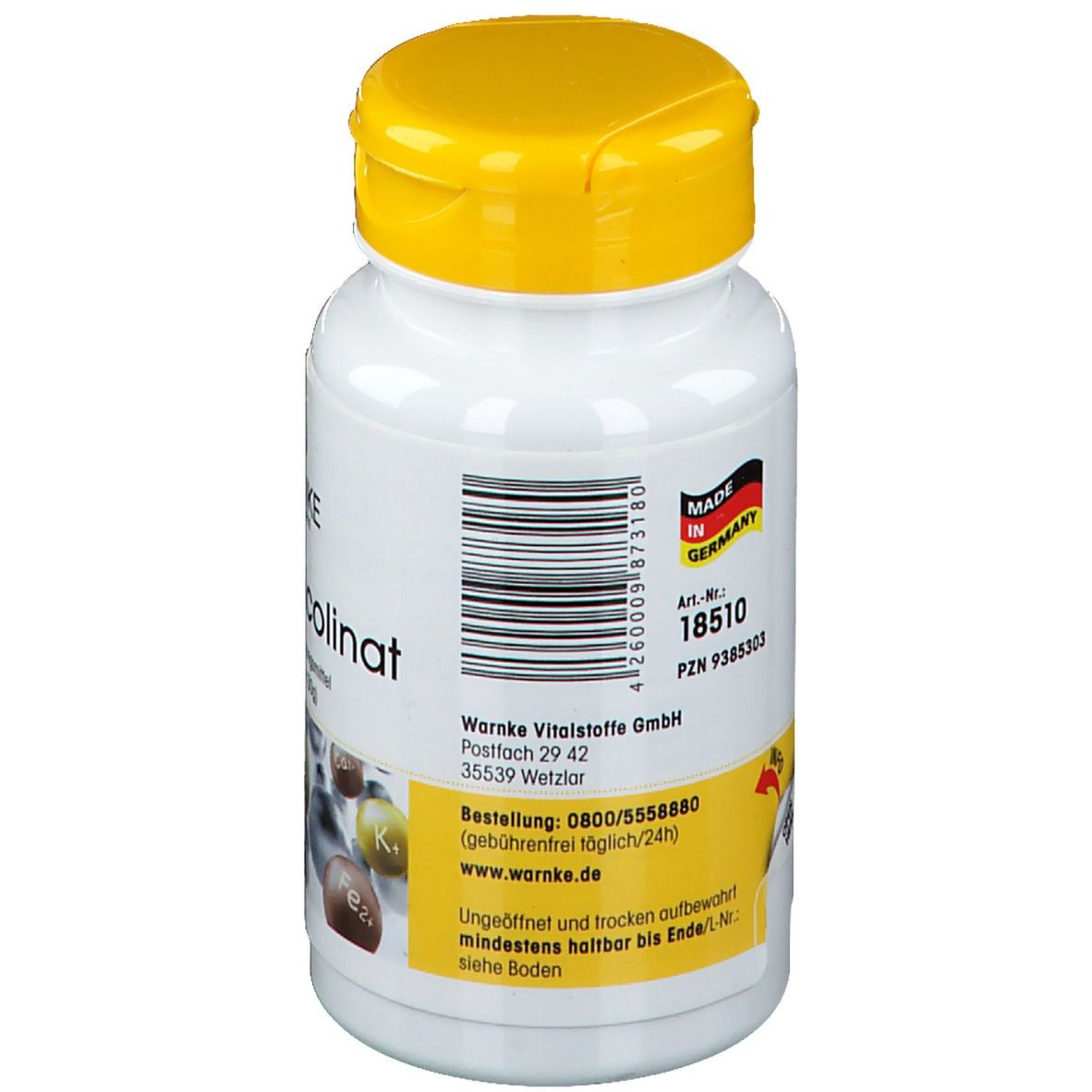 Achterkant van de witte fles met gele dop. Tekst: Warnke Vitalstoffe GmbH. Made in Germany. Streepjescode en batchnummer.