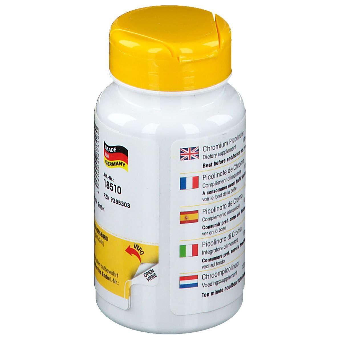 Achterkant fles met gele dop. Tekst: Chroompicolinaat. Ten minste houdbaar tot... Made in Germany.