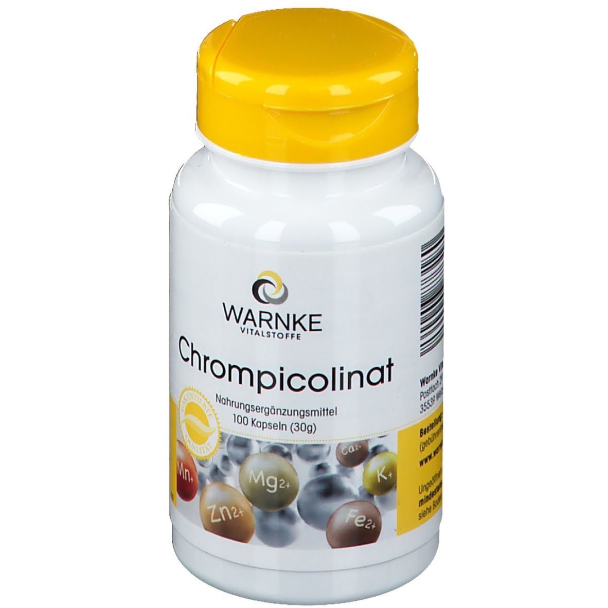 Witte fles met gele dop. Opschrift: WARNKE Chrompicolinaat. Voedingssupplement. 100 capsules.