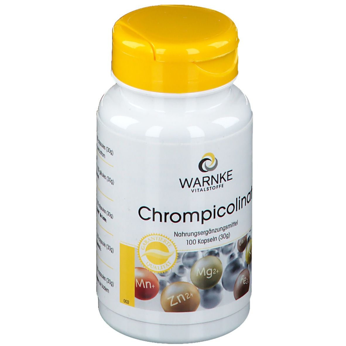 Witte fles met gele dop. Opschrift: WARNKE Chrompicolinaat. Voedingssupplement. 100 capsules.