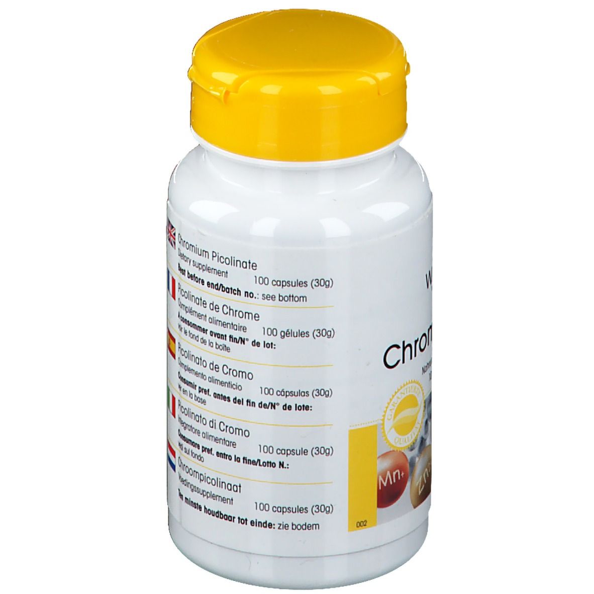 Achterkant fles met gele dop. Tekst: Chroompicolinaat. Ten minste houdbaar tot... Made in Germany.