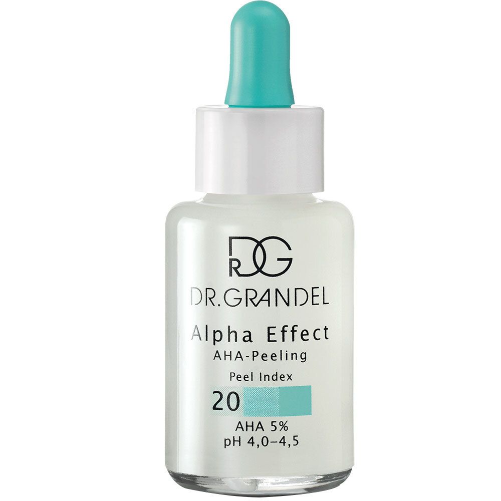 Flacon transparent avec pipette. Inscription : DR. GRANDEL Alpha Effect AHA-Peeling. Peel Index 20, AHA 5%, pH 4,0-4,5.