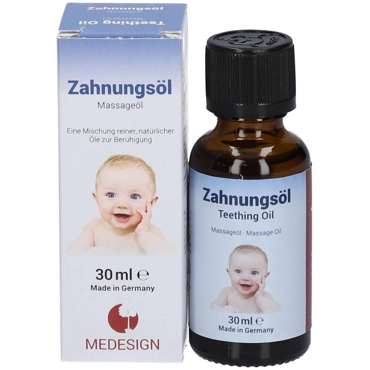 Flacon en verre brun et boîte. Sur la boîte : nom du produit, photo de bébé et texte. 30 ml.