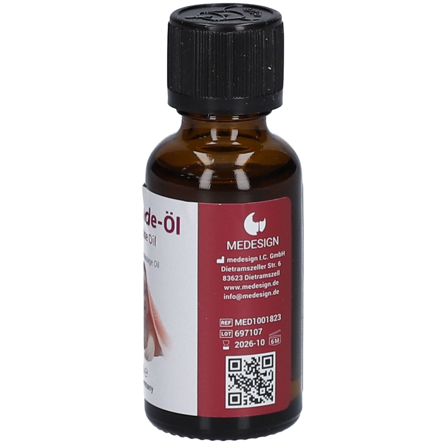 Vue arrière d'un flacon en verre brun. Étiquette avec informations du fabricant et code QR.