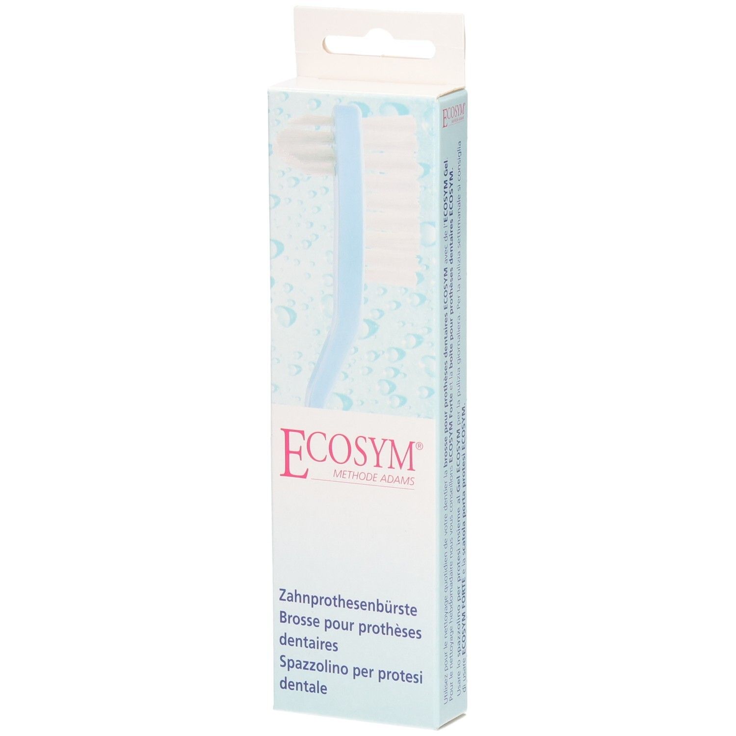 Brosse à dents double face dans son emballage. Tête blanche, manche bleu. Marque : Ecosym.