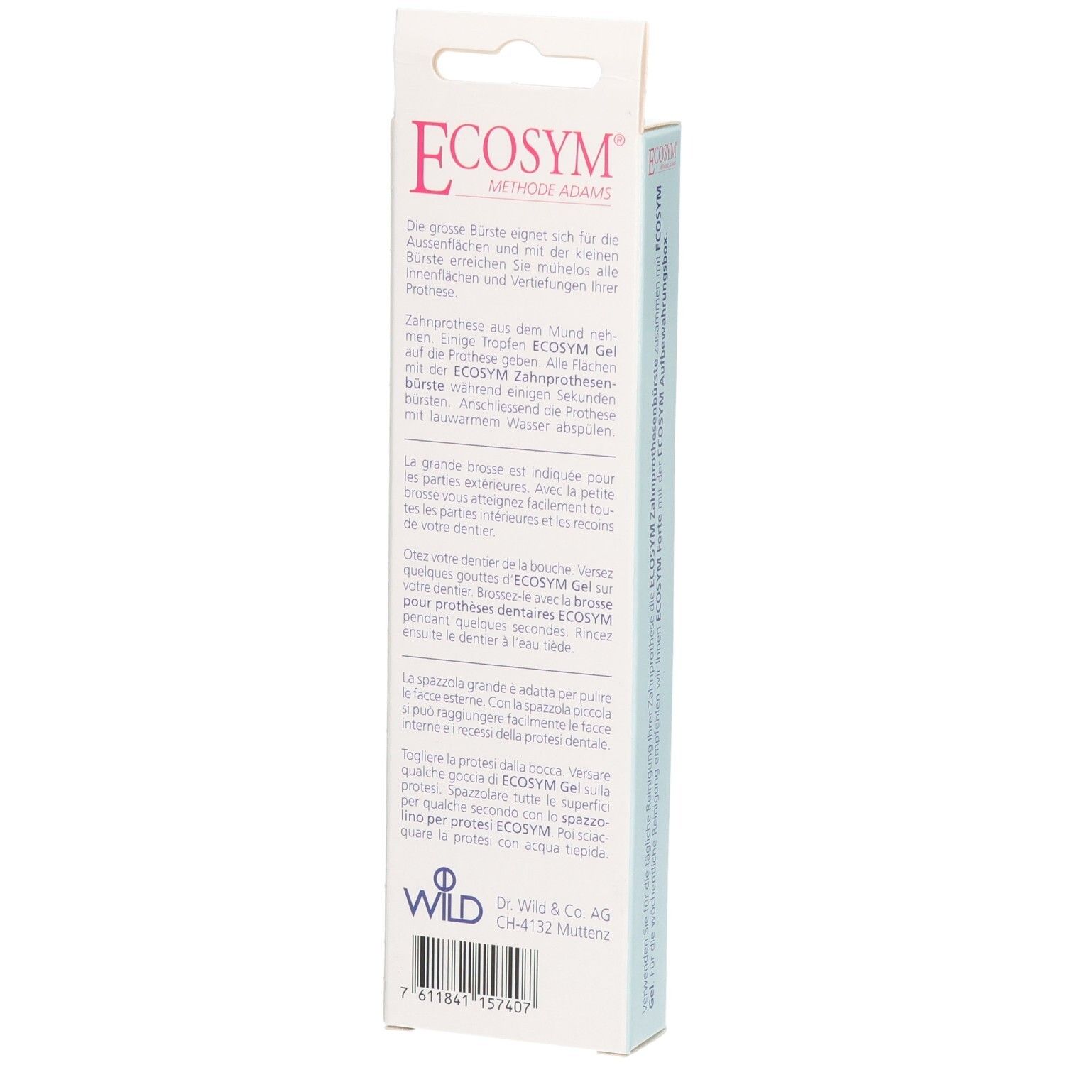 Dos de l'emballage. Texte en allemand et anglais. Marque : Ecosym. Produit : Brosse à dents.