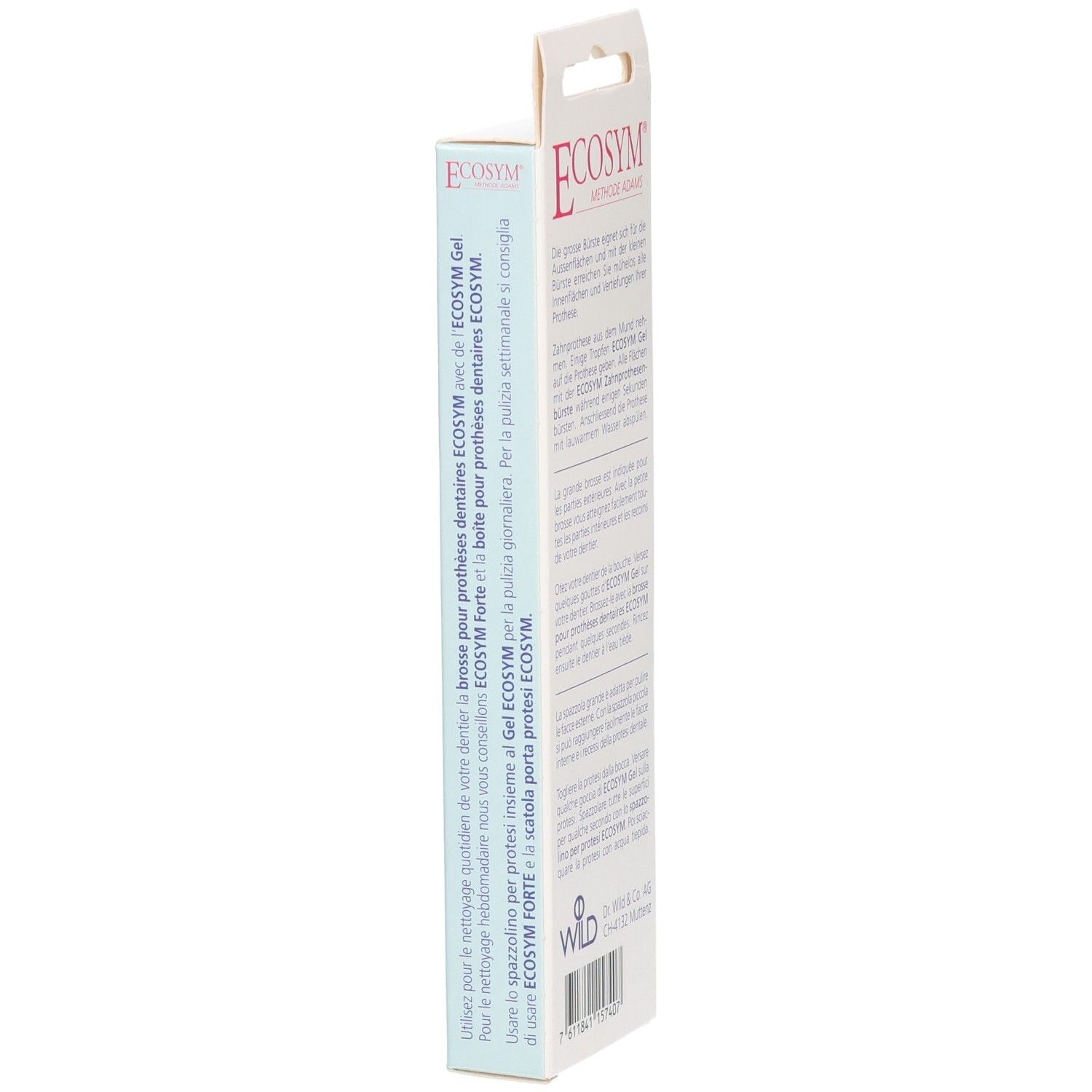 Vue latérale de l'emballage. Texte en allemand. Marque : Ecosym. Produit : Brosse à dents.