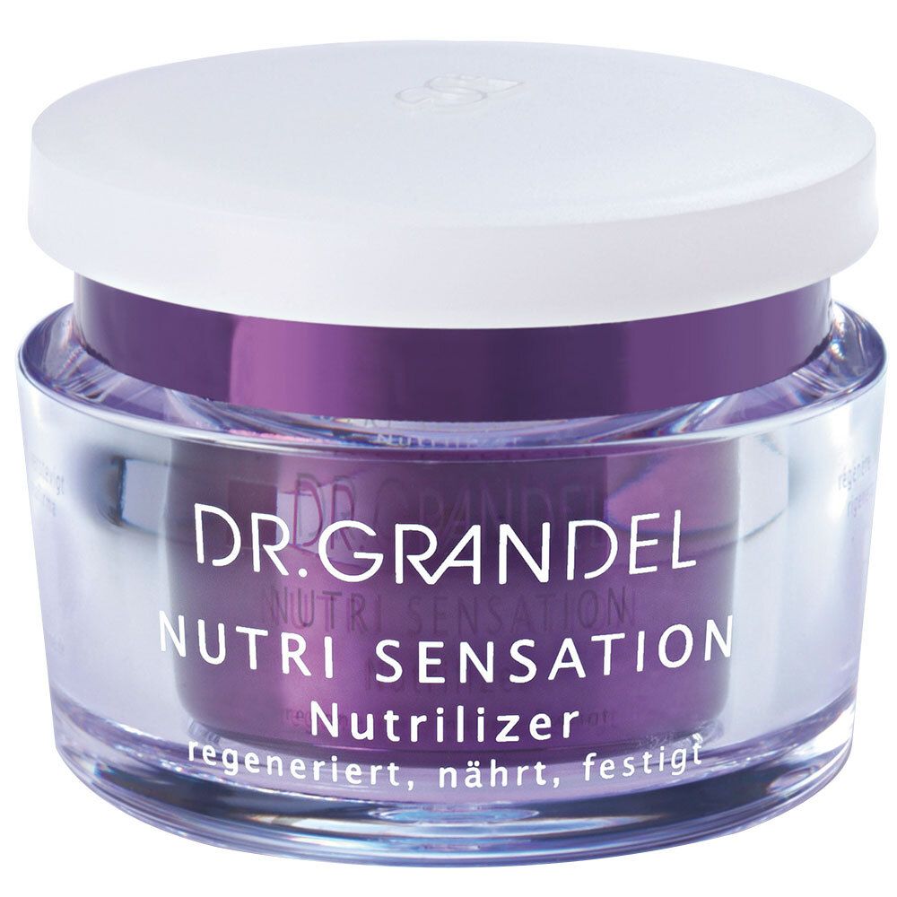 Pot de crème avec couvercle blanc. Inscription: DR. GRANDEL NUTRI SENSATION Nutrilizer. Régénère, nourrit, raffermit.