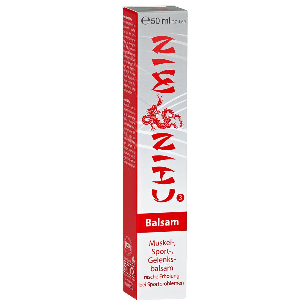 Verpakking van CHIN MIN balsem met rood drakenmotief en opschrift.