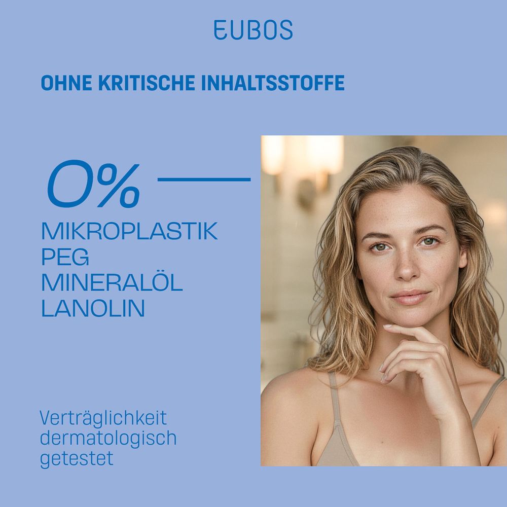 Femme avec visage. Texte : 0% microplastique, PEG, huile minérale, lanoline. Testé dermatologiquement. Sur fond bleu.