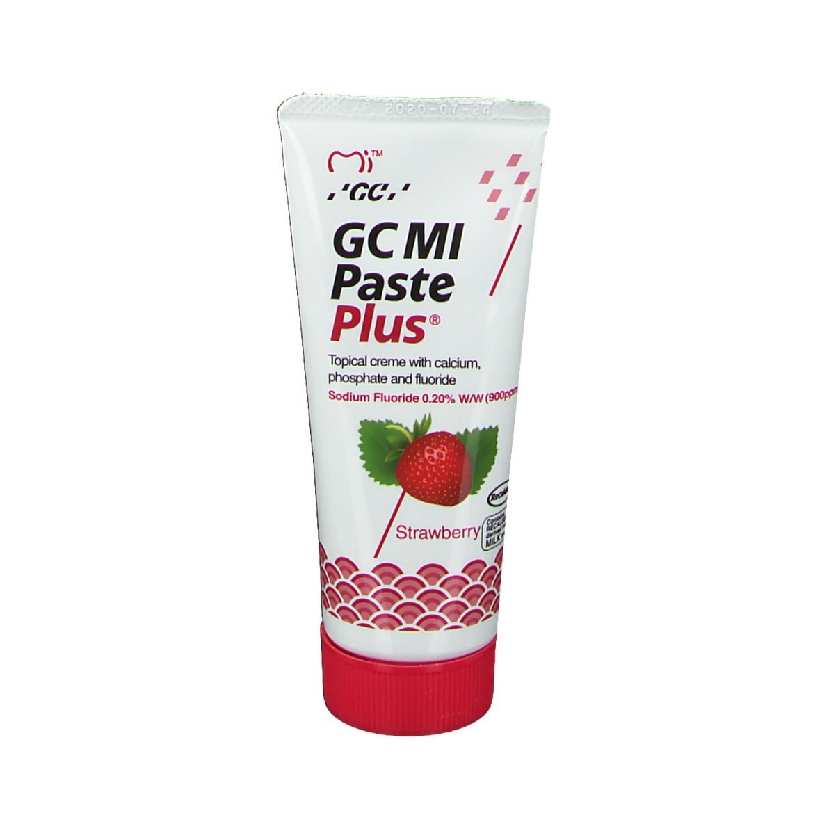 GC MI Paste Plus tube met aardbeiensmaak. Bevat calcium, fosfaat en fluoride.