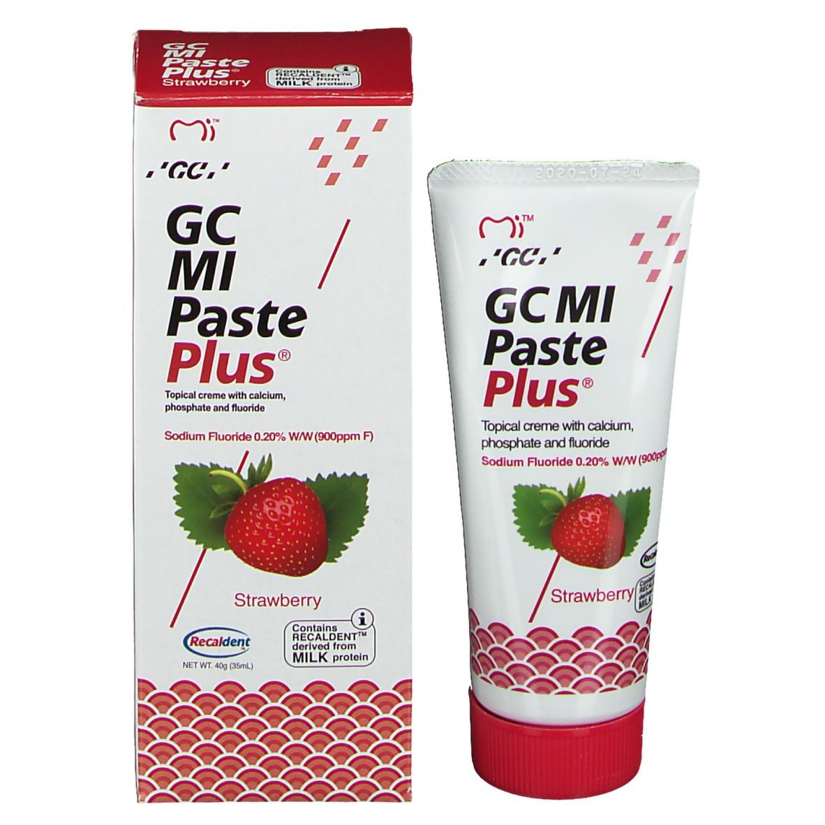 GC MI Paste Plus aardbei, in tube en doos. Bevat natriumfluoride en Recaldent.