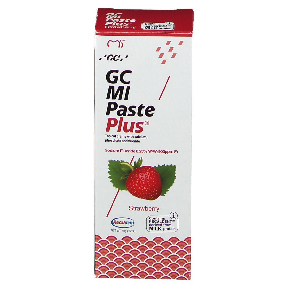 GC MI Paste Plus Aardbei tandpastakoker met aardbeienafbeelding en Recaldent-logo.