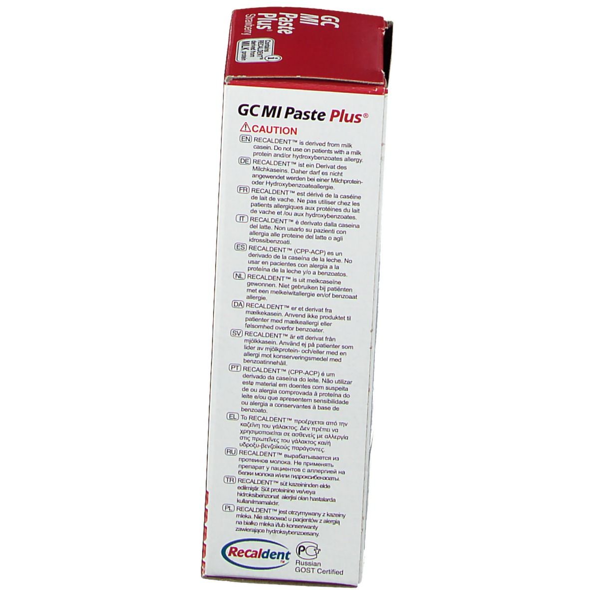 Verpakking van GC MI Paste Plus met waarschuwingen en productinformatie in meerdere talen.